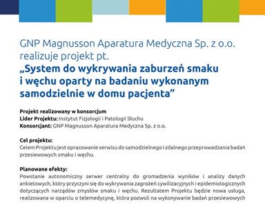 GNP Magnusson Aparatura Medyczna Sp. z o.o. realizuje projekt pt. ,,System do wykrywania zaburzeń smaku i węchu oparty na badaniu wykonanym samodzielnie w domu pacjenta”